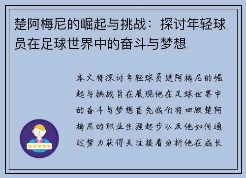 楚阿梅尼的崛起与挑战：探讨年轻球员在足球世界中的奋斗与梦想